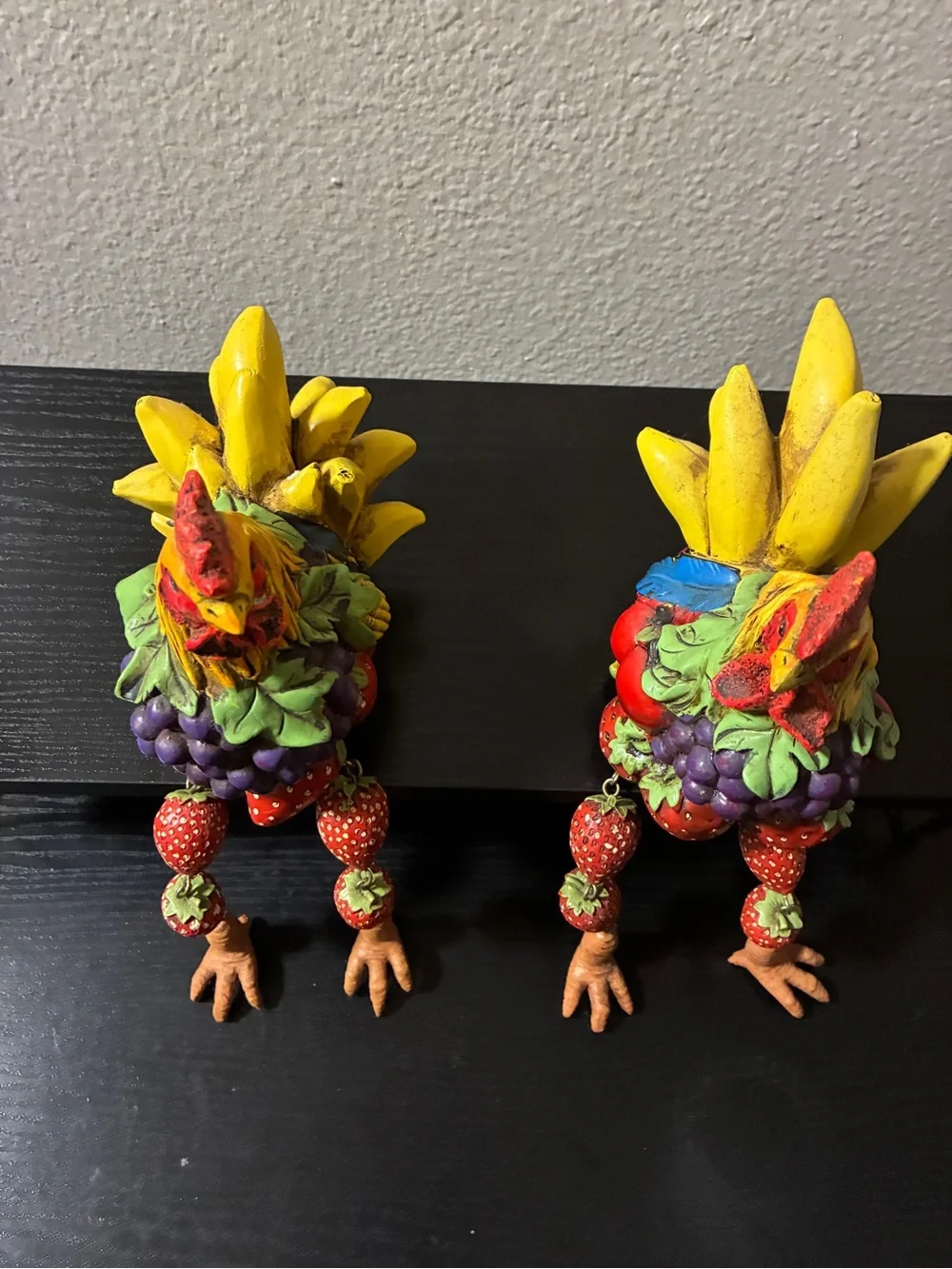 Anthropomorphic ROOSTER Sculpture Shelf Sitter Fruit Strawberries VTG x2